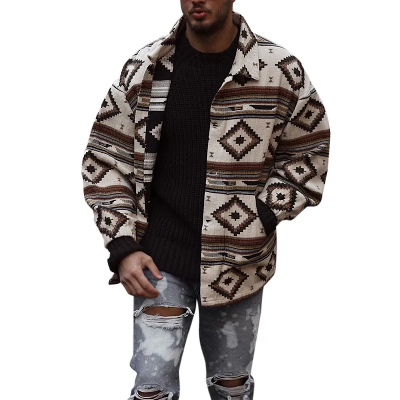 Men Autumn Winter New Fashion Zipper Cardigan Tops Men's Stand Collar Shirt 2022 Streetwear Vintage Pattern Printed Thick Shirts