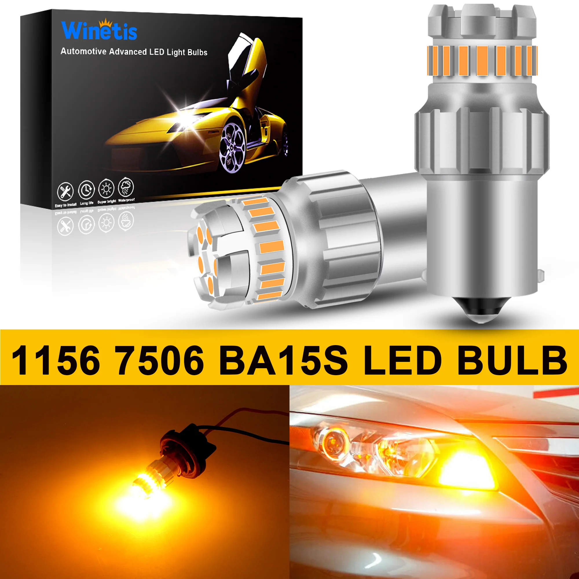 

Winetis 2X 1156 BA15S P21W 3000K Yellow Amber LED Turn Signal Light Bulbs Error Free Canbus Anti Hyper Flash