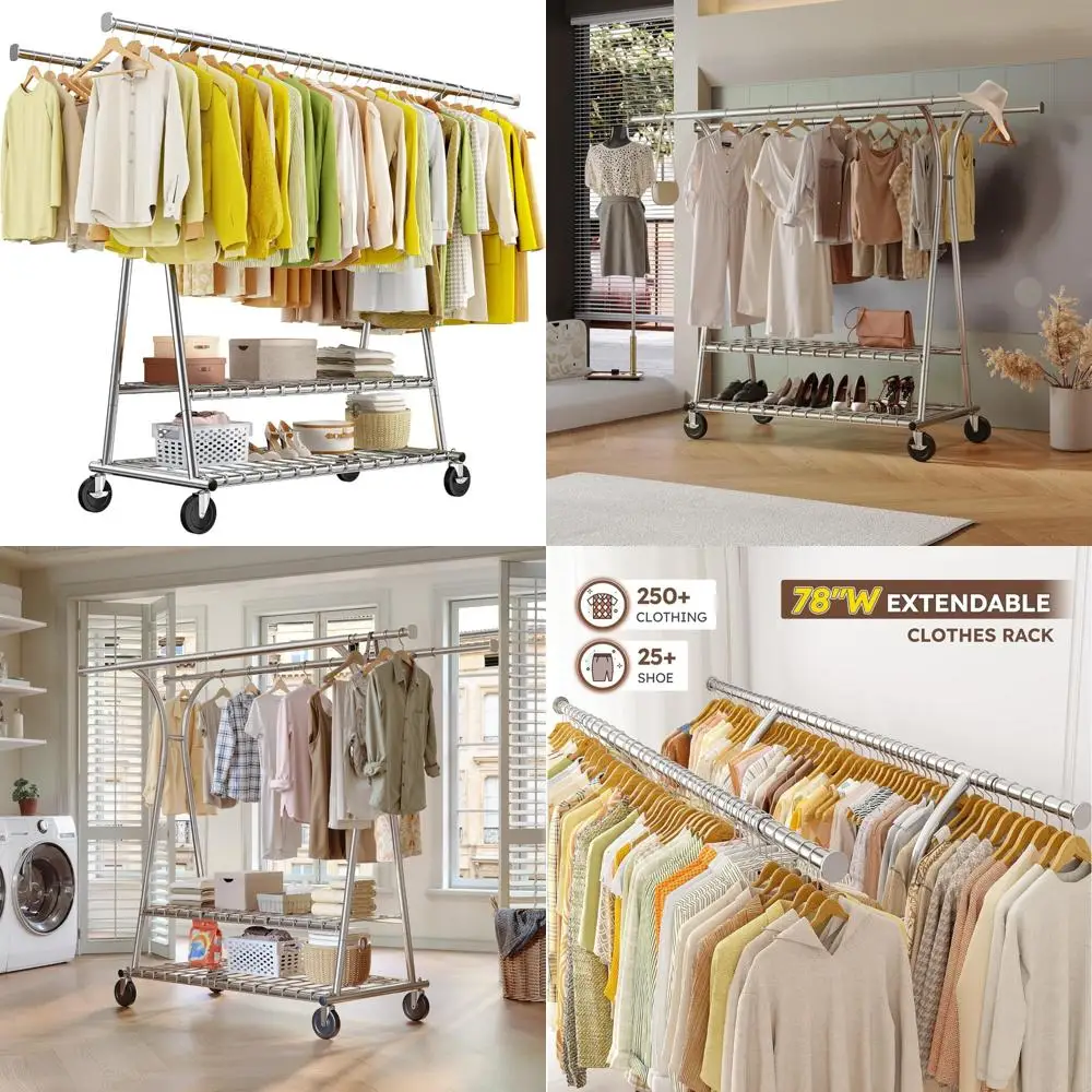 

Heavy Duty Double Rod Clothes Rack Holds 630lbs, Hangs Over 400 Garments, with Wheels for Easy Mobility