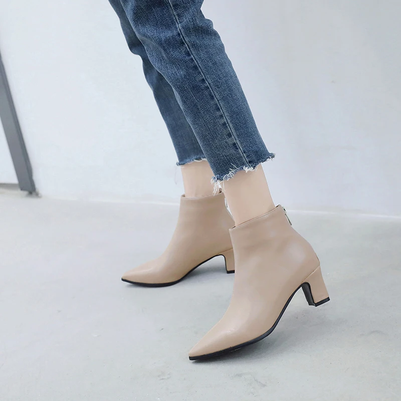 Plus Size Winter Women Ankle Boots Black Beige High Chunky Heels Casual Office Lady Pointed Toe Fashion Zipper Plush Short Boots