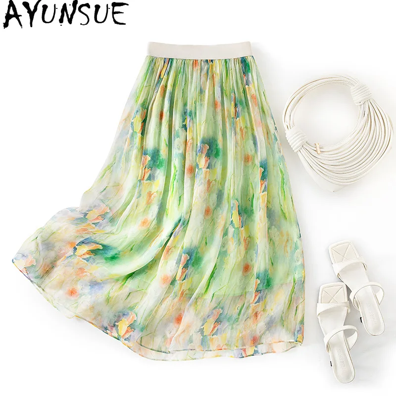 

AYUNSUE 100% Silk Women's Skirts Casual Summer Floral Skirts for Women High Quality Thin Beach Dress 2026 Woman Clothes Юбка