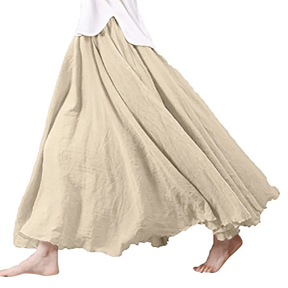 Women's Linen Skirt Spring Summer Vintage Bohemian Beach Casual Skirt Solid Colour Loose Pleated Versatile Long Half Body Skirt