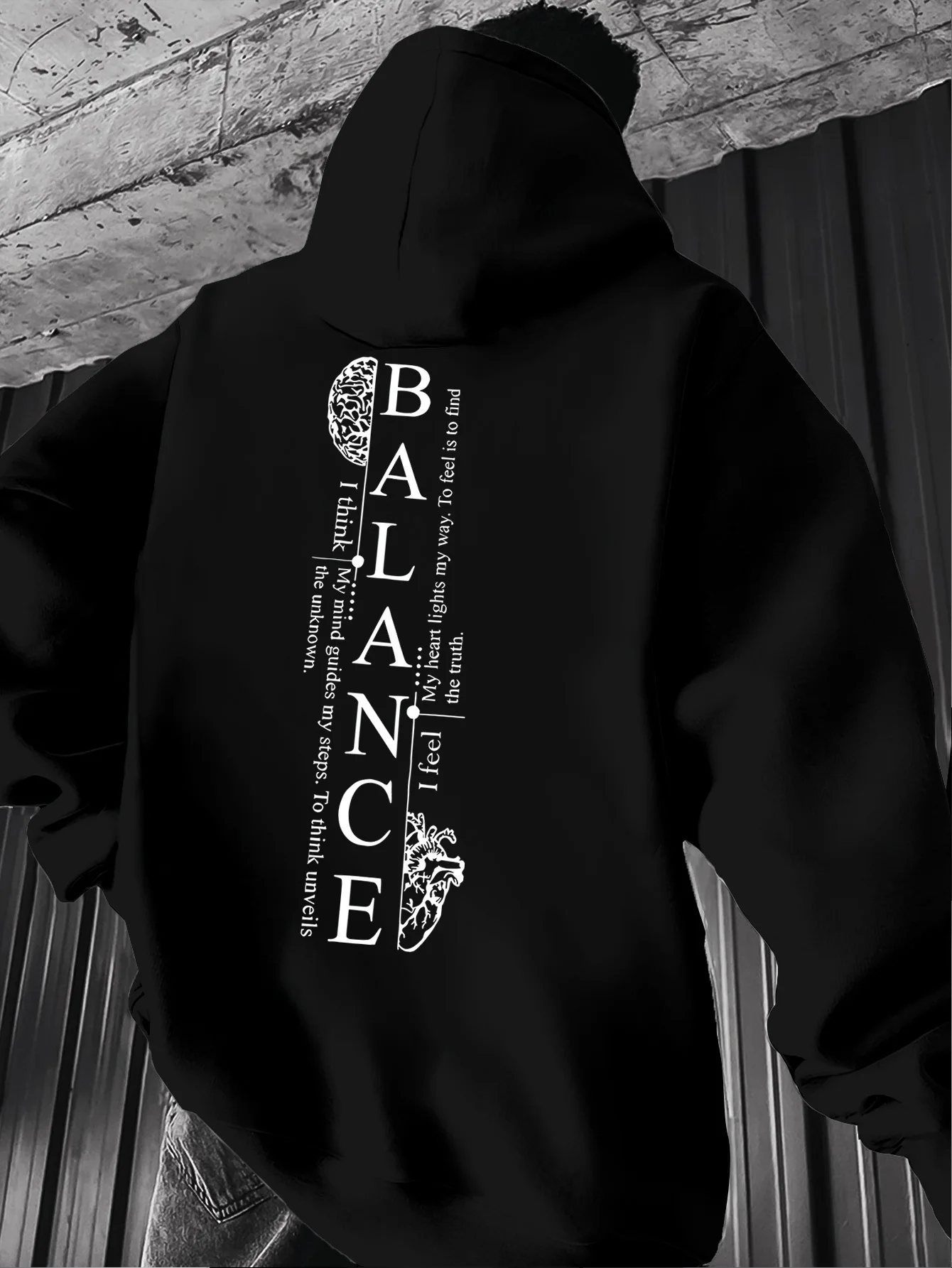 New Hoodie Men Balance Brain & Heart Vertical Text Print Pullover Sweatshirt Casual Street Style Autumn Winter Hooded Sweat Top