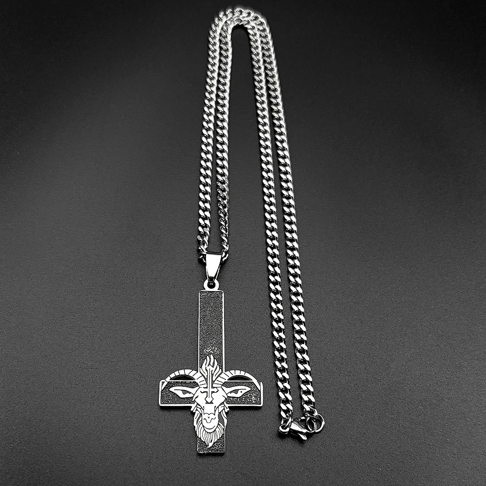 Edelstahl Baphomet Ziegenkopf Umgedrehtes Kreuz Hexerei Heidnische Halskette Emaille Invertiertes Kreuz Goldfarben Kette Schmuck – Detail 9
