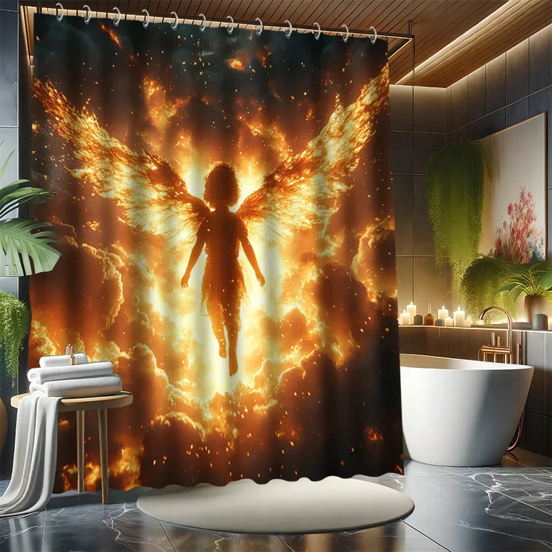 ~O~Dusk Angel Shower Curtain Set - Dark Golden, Fantasy Art Series, Includes 12 Hooks, Polyester Fabric