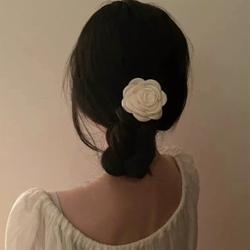 Elegant Milk White Floral Hair Clip Artificial Camellia Rose Flower Alligator Hairpins Wedding Bridal Barrette Corsage