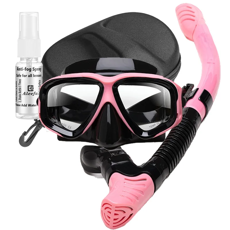 Diving Mask Scuba Snorkel Set Explosion-Proof Myopia Lens,with Anti-Fog Spray, Adult  Swimming Tube Easy Pink