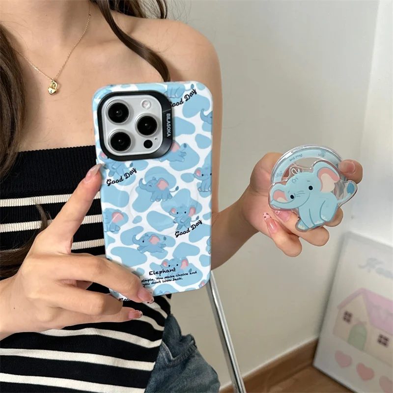 

Kawaii Cartoon Little Elephant Magnetic Phone Case For iPhone 16 Pro 15 14 13 Pro Max Cover with Magsafe Stand Cute Hard Cases