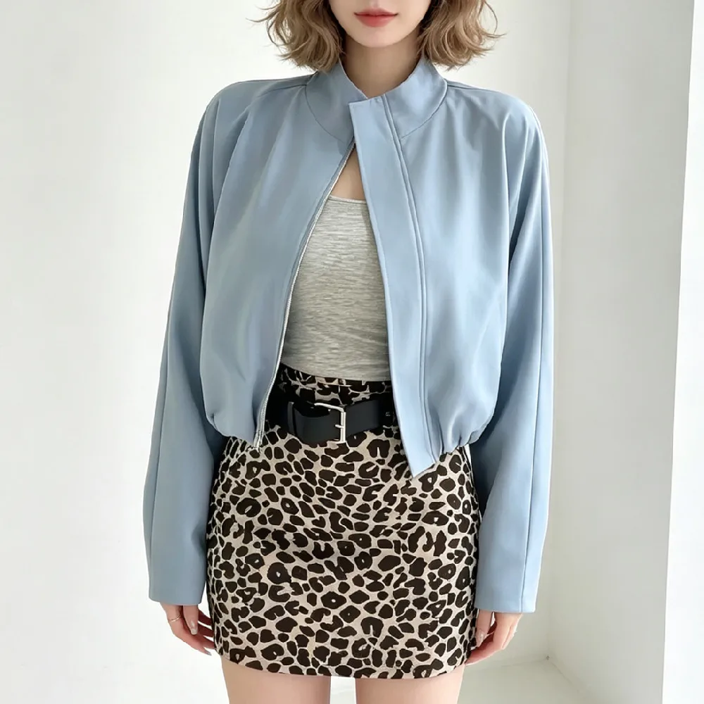 3 Colors Autumn Women Stand Collar Zip Up Batwing Sleeve Jacket Fold Elastic Hem Loose Short Causal Coat Outside Outerwear Blue