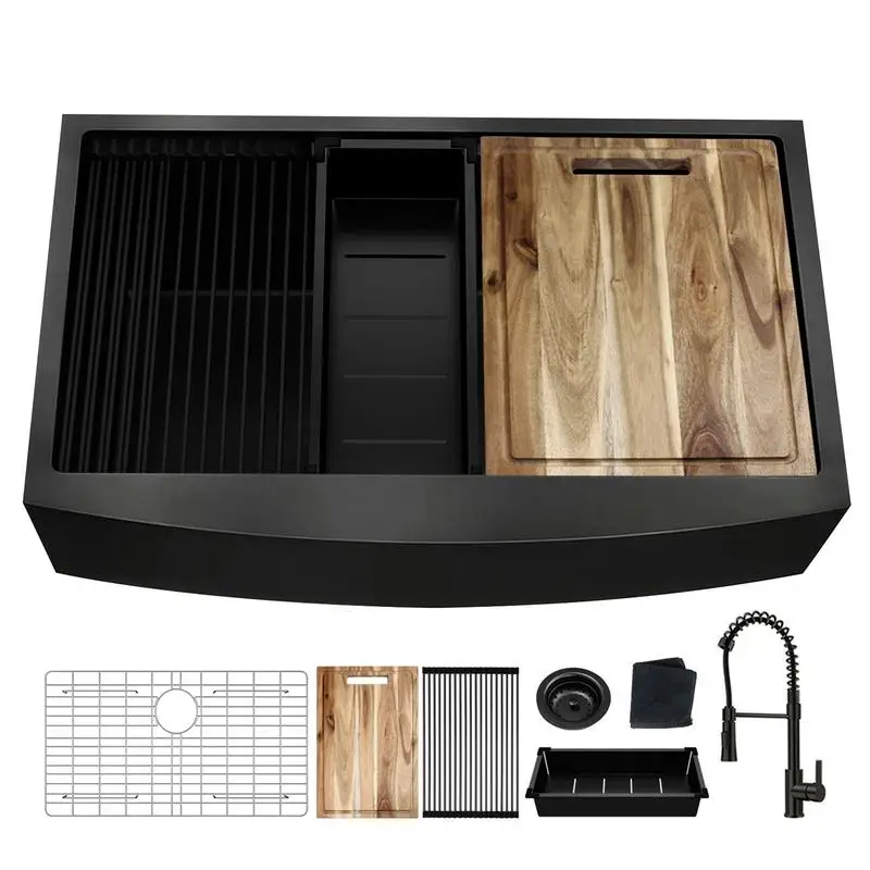 

33" Dark Black Farmhouse Workstation Sink with Pull-Out Faucet, Handmade Apron-Front Single Bowl 18G Stainless Steel Sink with