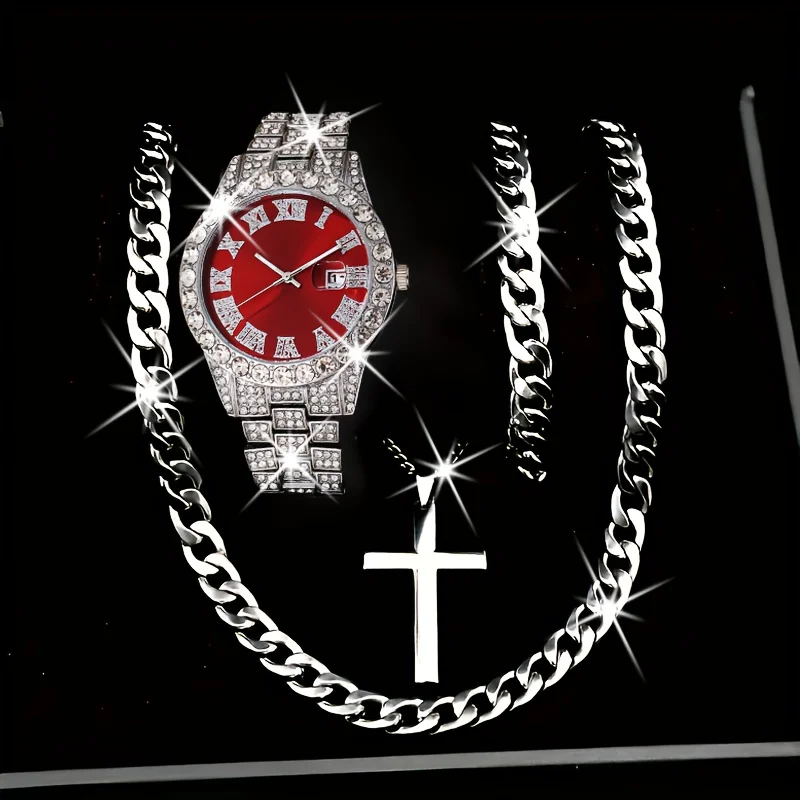 4PCS/Set Luxury Diamond Men Quartz Watch Stainless Steel Band Calendar Wristwatch Necklace Bracelet Jewelry Set（Without Box）