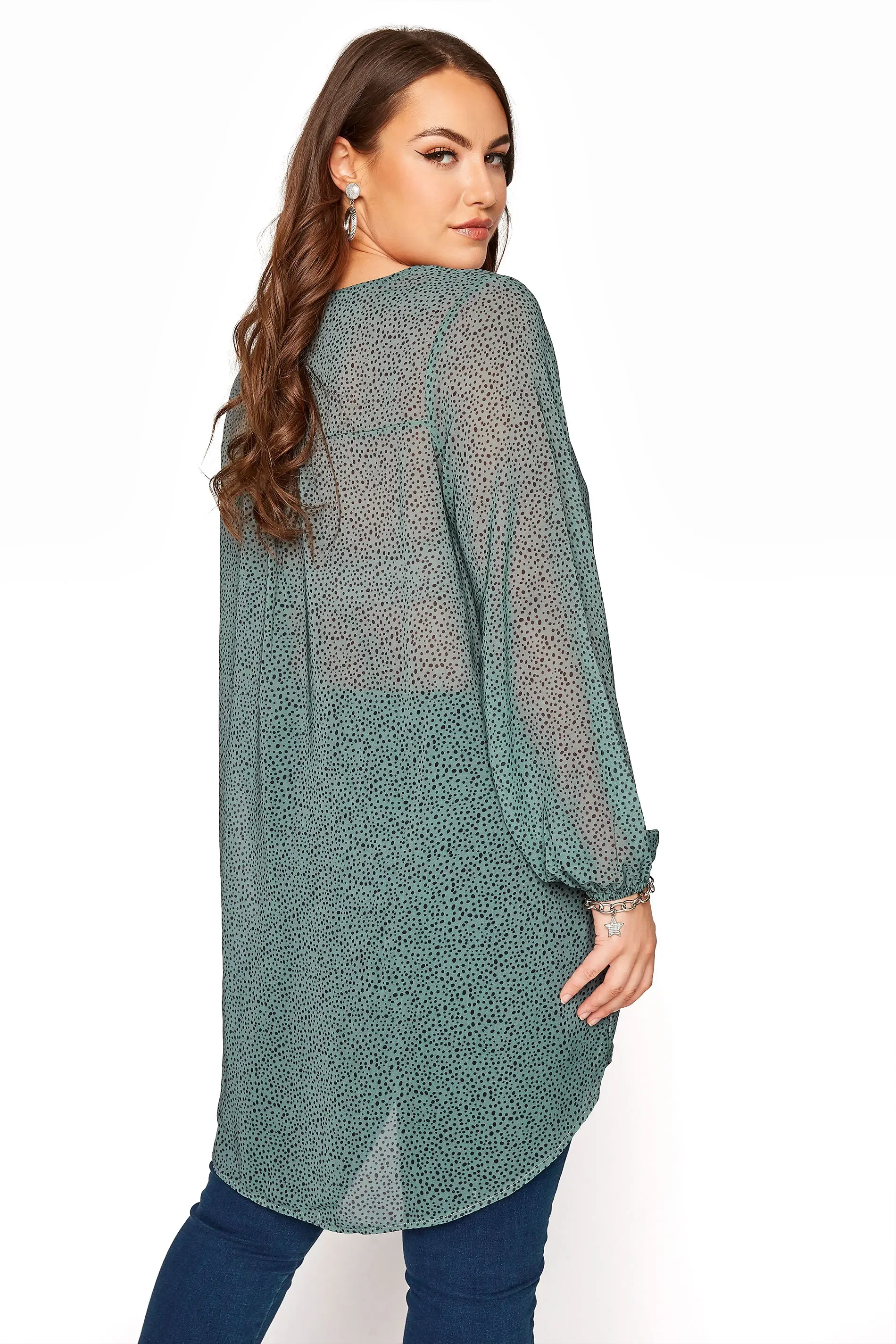 Plus Size Long Sleeve Spring Autumn Elegant Hi Low Wrap Blouse Women V-neck Green Dot Print Tunic Top Large Size Casual Blouse