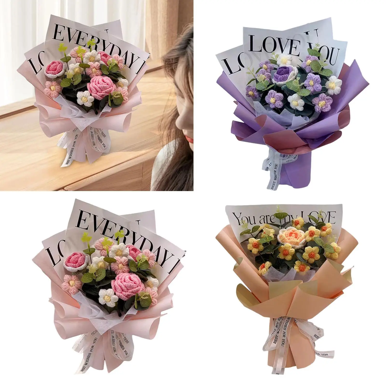 Buquê de flores de crochê feito à mão, buquê de flores falsas, decoração de flores artificiais para aniversário, noivado, aniversário