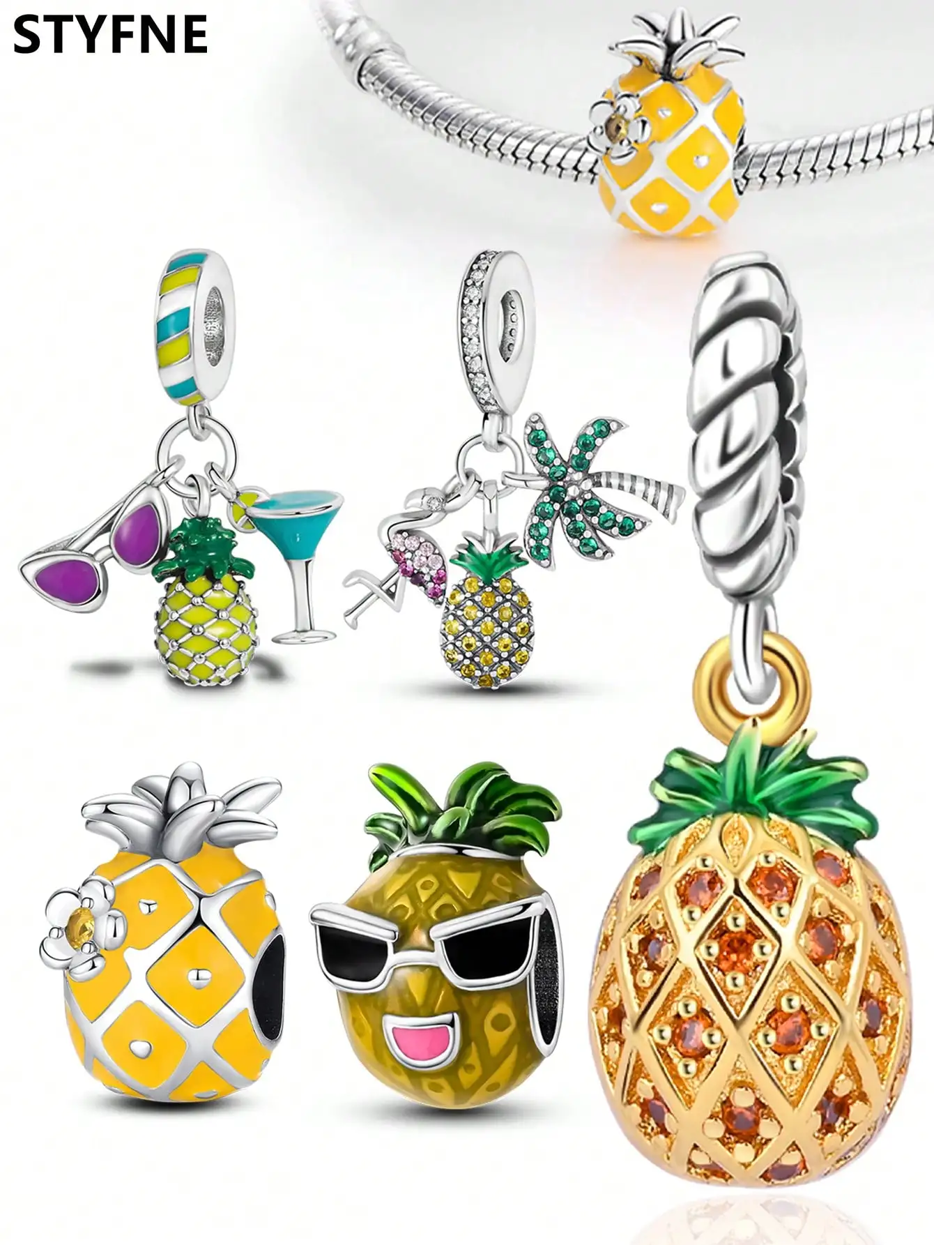 925er Silber vergoldete Original-Charms, coole Ananas-Kokosnussbaum-Perlen, passend für Armbänder, Damenschmuck, Geschenk