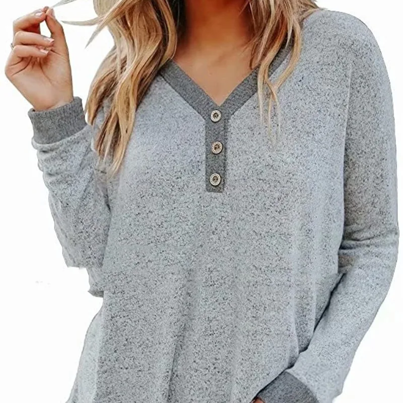 2023 Spring and Autumn Women's Pullover Solid Color Long Sleeve V-Neck Button Color Matching T-shirt Underlay Fashion Loose Tops