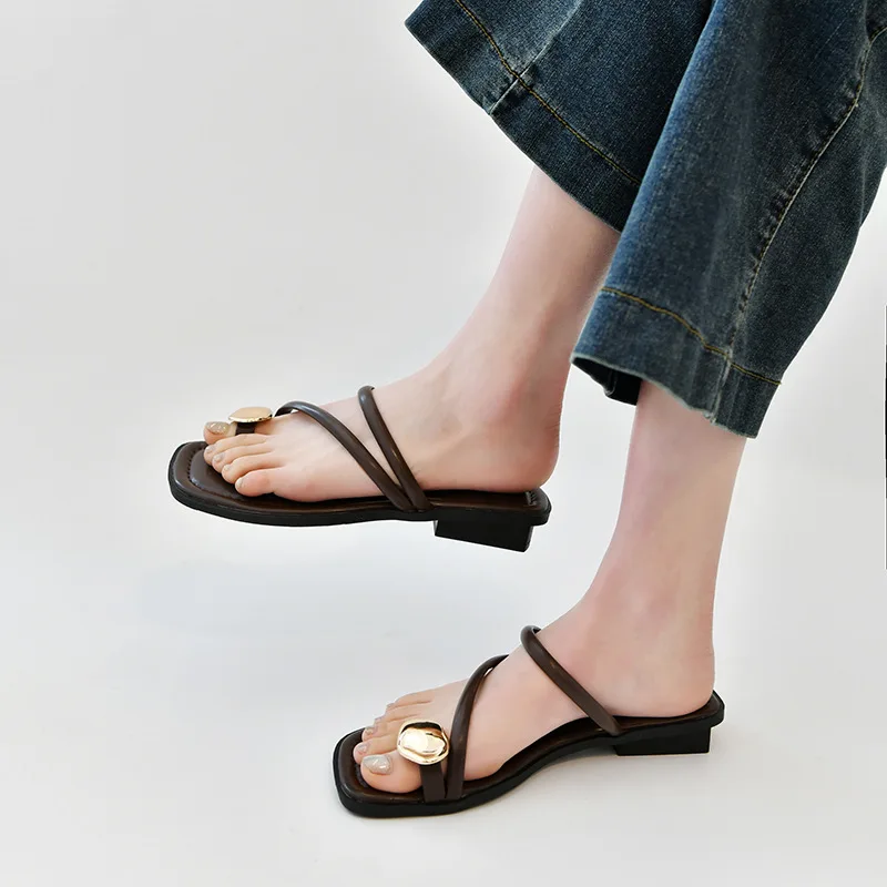 Women Sandals Narrow Band Fashion Metal Decoration Low Heel Slip on Summer Female Slipper Elegant Slides Outdoor Beach Flip Flop