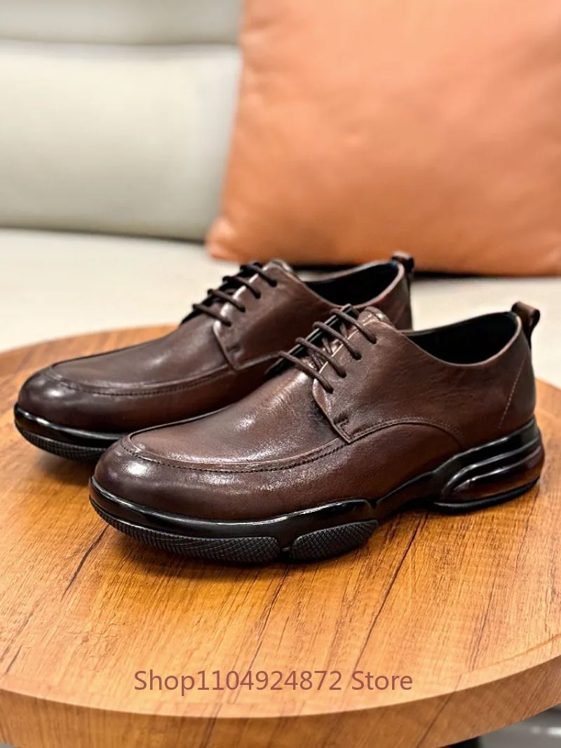 

Spring New Men's Casual Leather Shoes Youth High-end Business Formal Round Toe British Thick Soled Trendy Hiking Shoes Male
