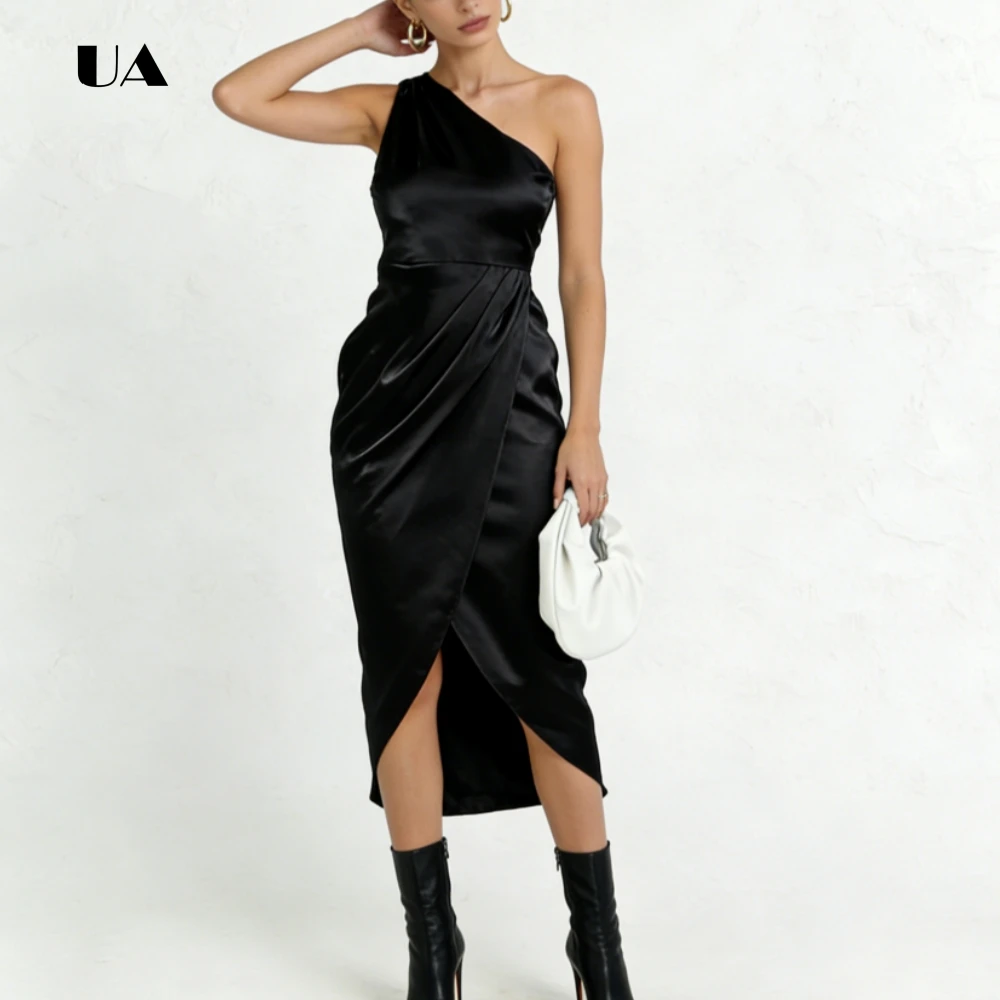 ULBYANRY satijnen asymmetrische galajurk, effen mouwloze gedrapeerde avondjurk voor dames, eenvoudige schede op maat gemaakte feestjurk