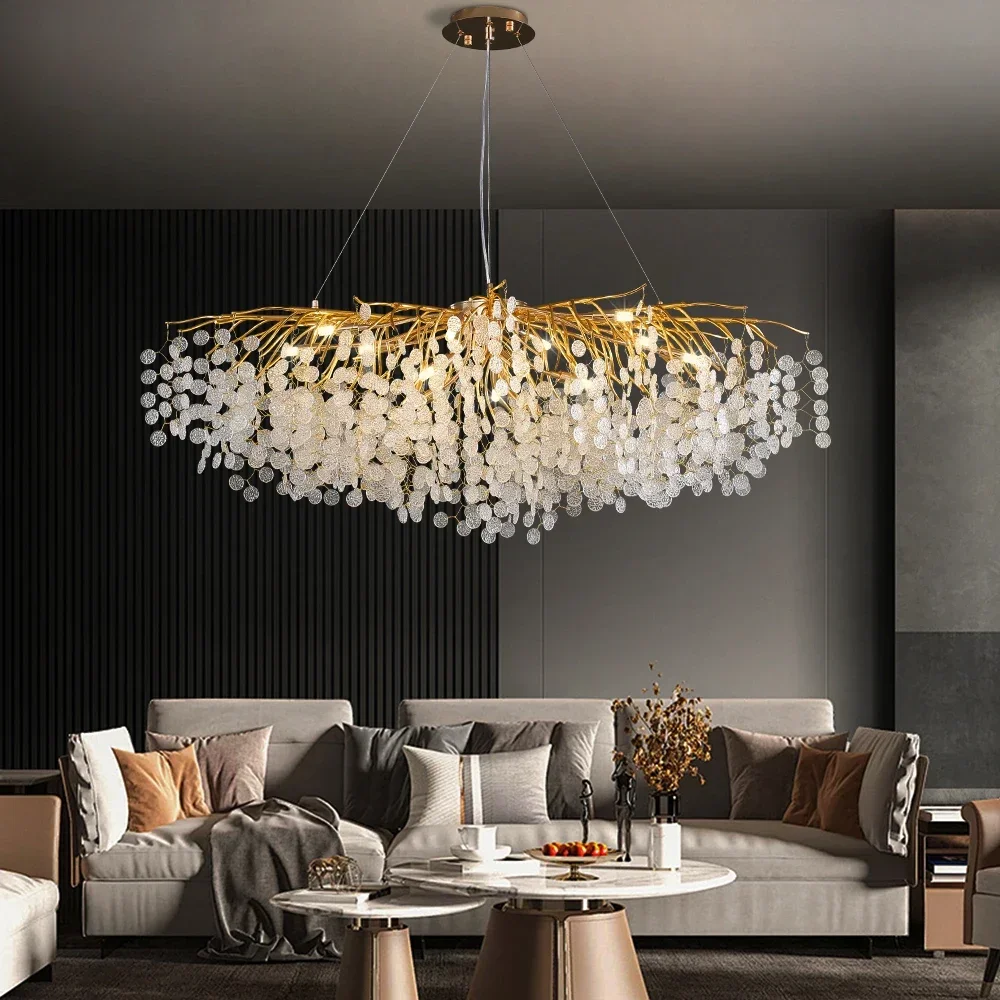 Artpad Modern Luxury Long Crystal Chandelier Chandeliers Gold Hanging Pendant Light Fixture for Kitchen Island Living Room