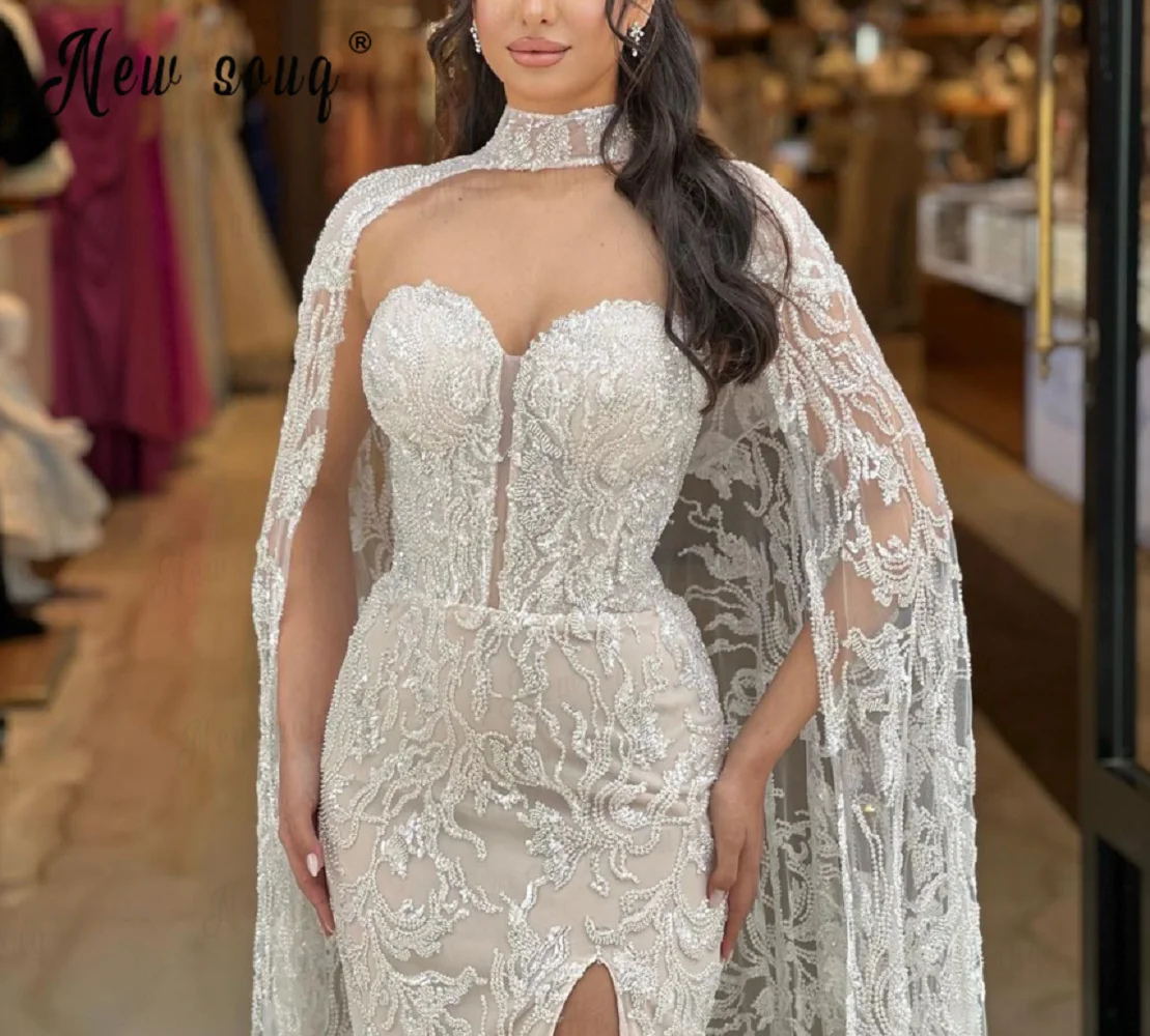 Mulheres Dubai Champagne Mermaid Celebrity Dress, Elegante Mangas da Capa, Beading Custom Made, Cristal Vestidos de Noite, Prom Party Dress