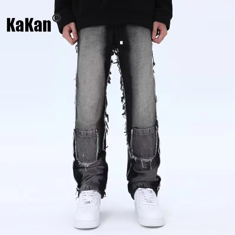 

Kakan - Europe and The United States New Straight Retro Jeans Men's, Gradient Black Loose Wide-leg Pants Long Jeans K27