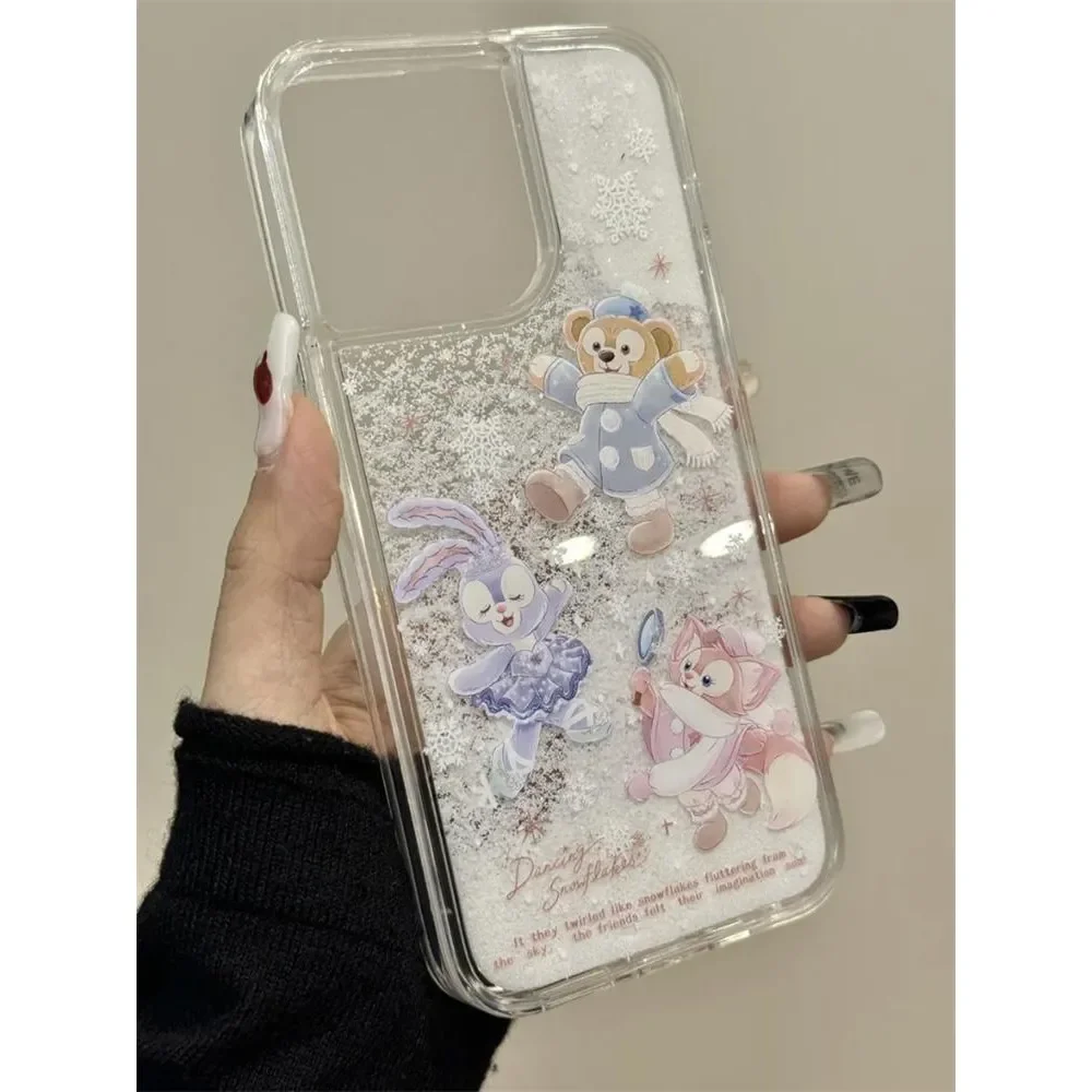 Disney Duffy Cartoon StellaLou Snowflake Flowing Sand Christmas Phone Case For iPhone 16 15 14 13 12 11 Pro Max Y2K Kawaii Cover