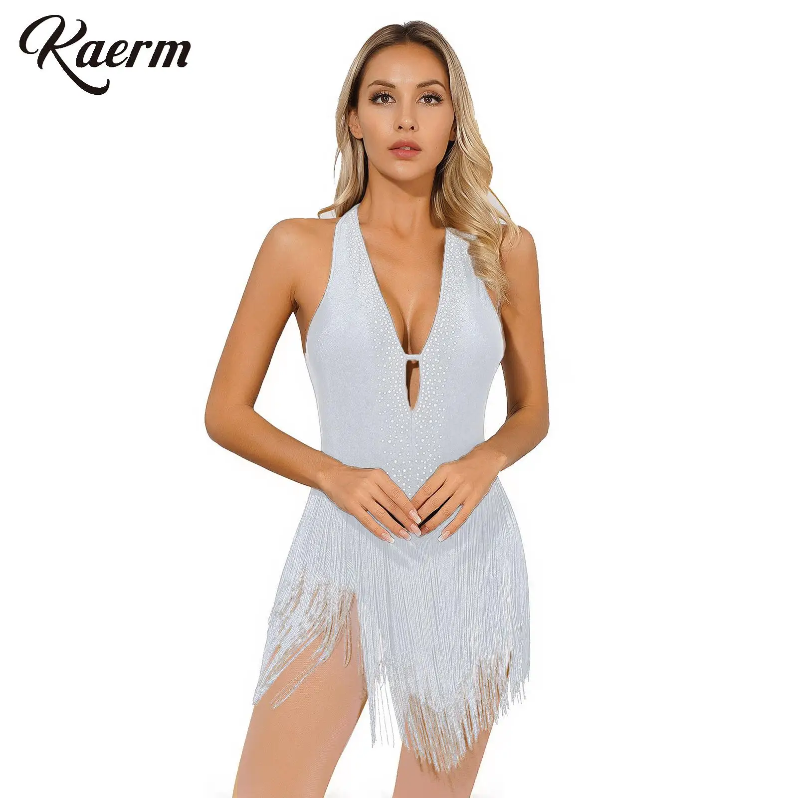 Women Latin Dance Costume Rhinestone Backless Straps Tassel Skirt Leotard Fringed Bodysuit Latin Tango Dance Dress Costume