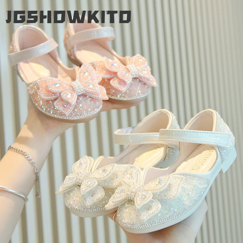 

JGSHOWKITO Luxury Girl Dress Mary Jane Shoes Shallow Kids Rhinestone Flat Shoes Sequins Princess Non-slip Children Leather Shoes