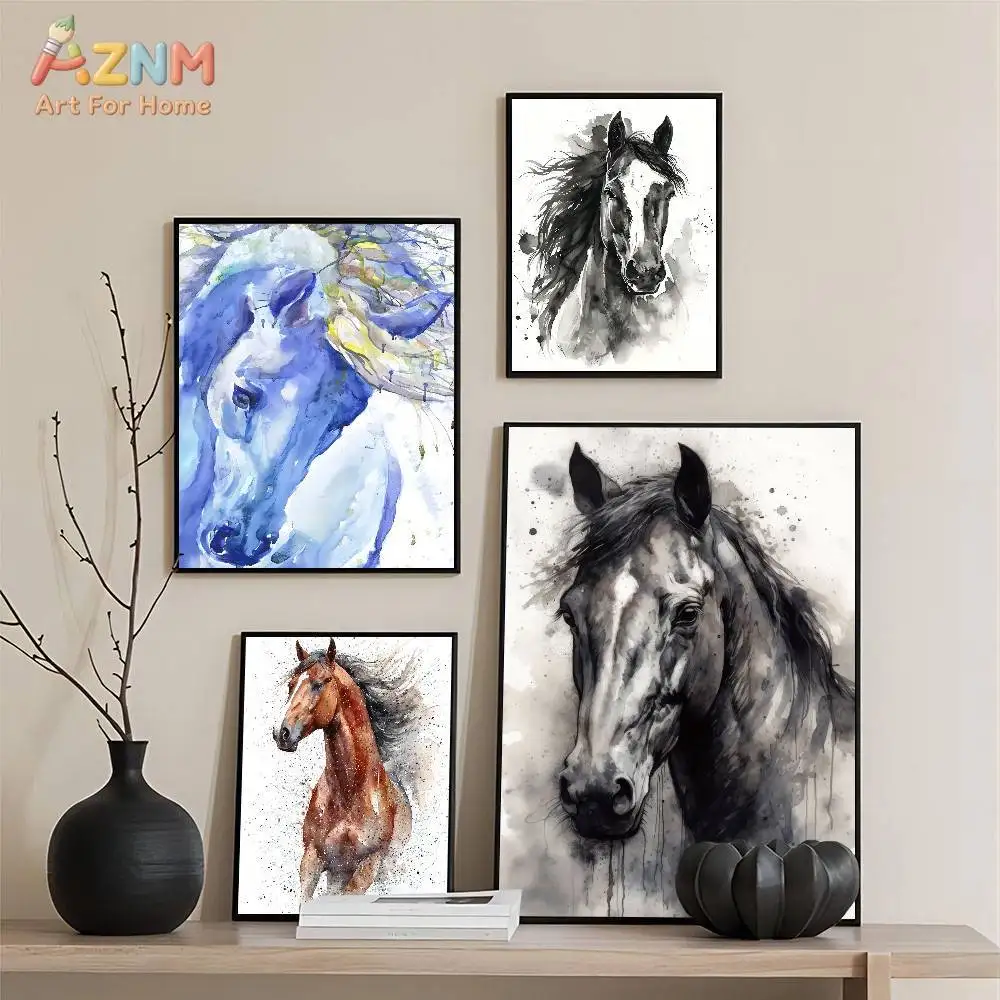 AZNM Watercolor Horse Head Canvas Wall Art Print, Colorful Abstract Horse Portrait Poster for Living Room Bedroom Home Decor, No