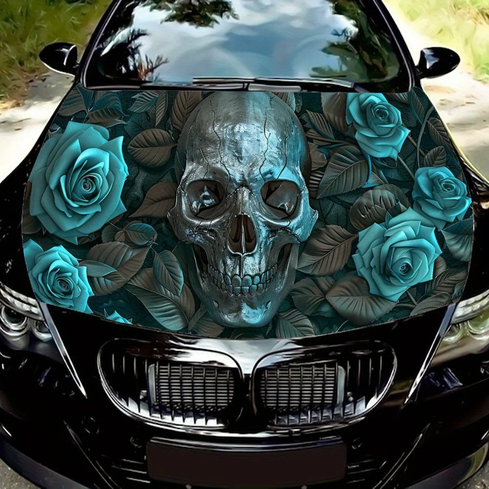 

Blooming Blue Rose Eerie Skull Car Hood Vinyl Wraps Sticker, Car Engine Decal, Waterproof Self-adhesive Car Packaging Cover, Uni