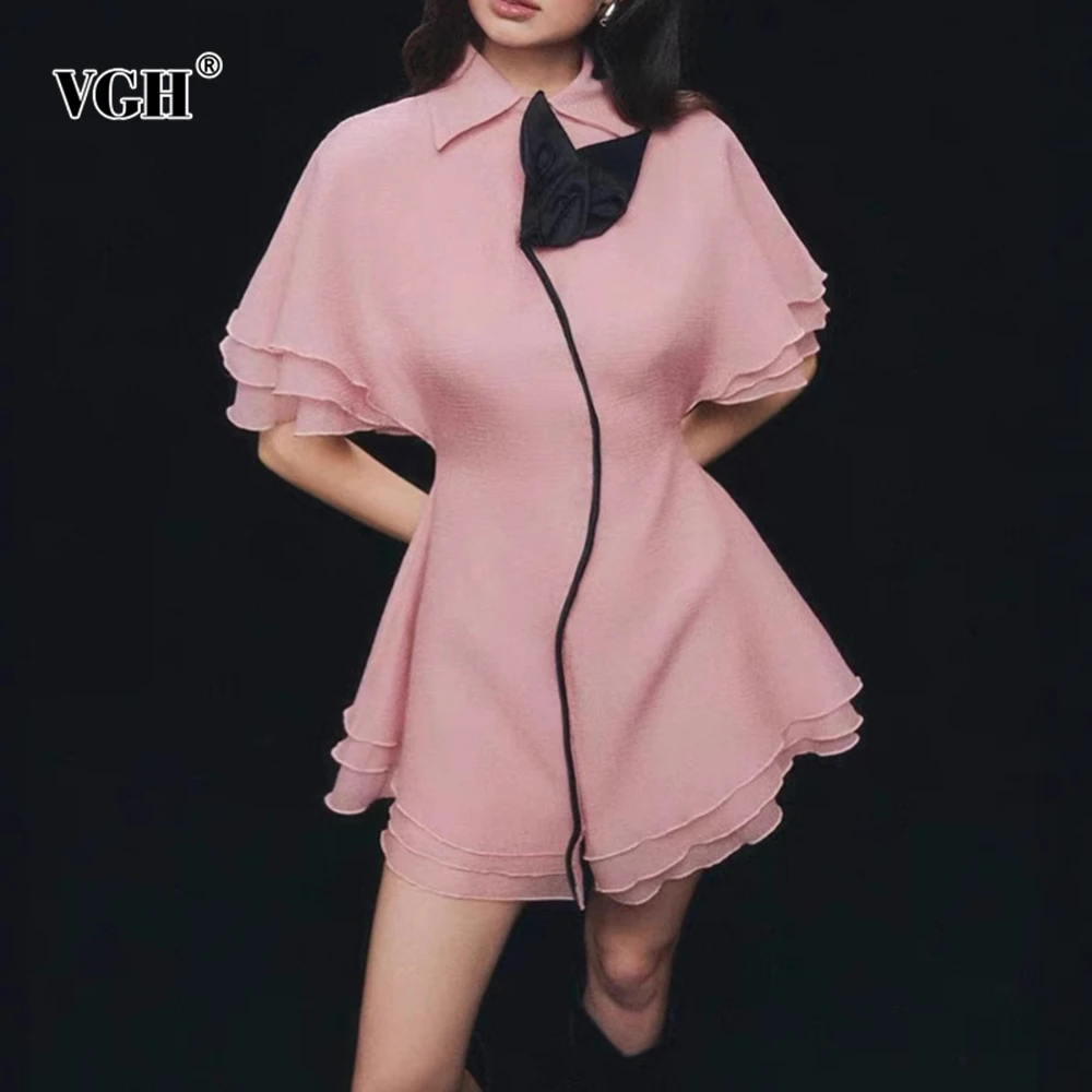 

VGH Slimming Elegant Solid Spliced Appliques Mini Dresses For Women Lapel Short Sleeve High Waist Temperament Dress Female New