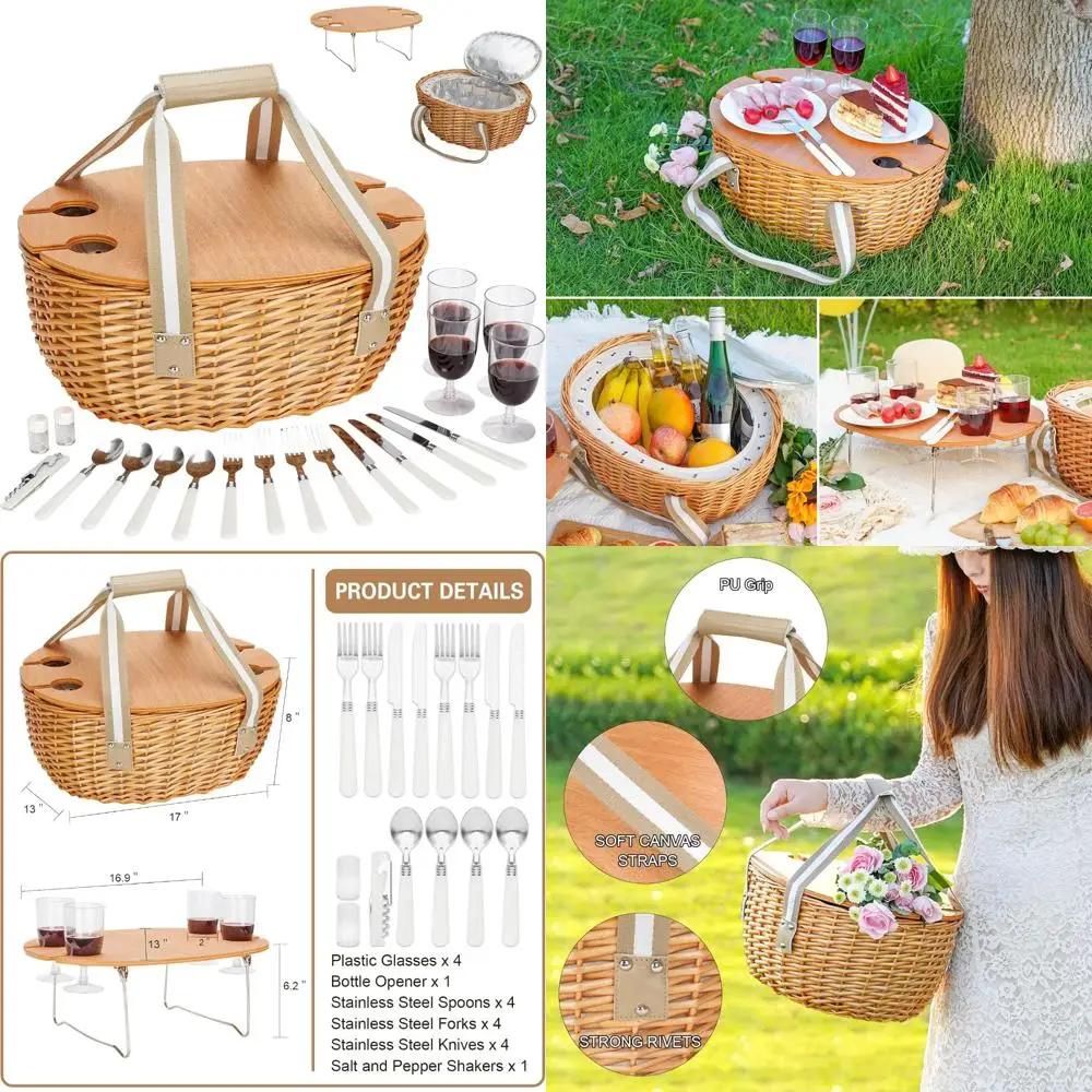 Cesta de picnic stboo para 4, cesto de mimbre aislado con mesa plegable, juego de cestas de picnic de sauce con bolsa térmica grande aislada