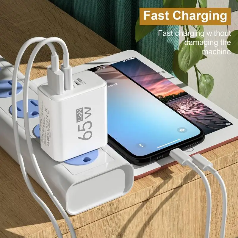 の＃ 1Pcs 65W GaN USB Charger 3 Ports PD Type C Fast Charging EU/US/KR Plug Travel Wall Adapter Quick Charge USB C Charger Power