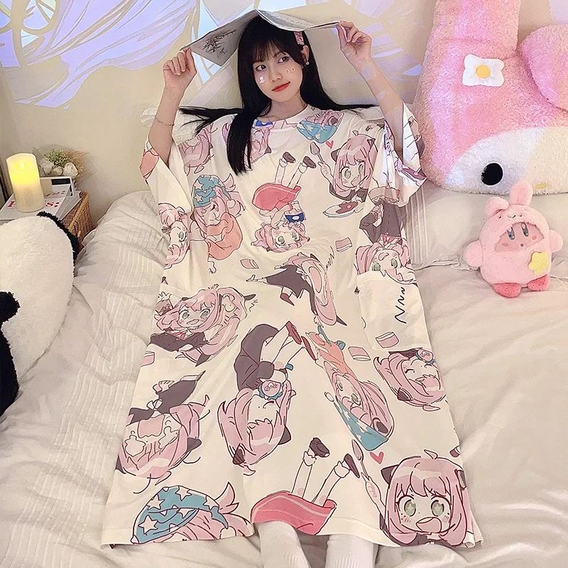 Kawaii Sanrioed Kuromi Hangyodon Pochacco Printed Women\'s Loose Fitting Nightgown Cute Round Neck Short Sleeved Home Clothing