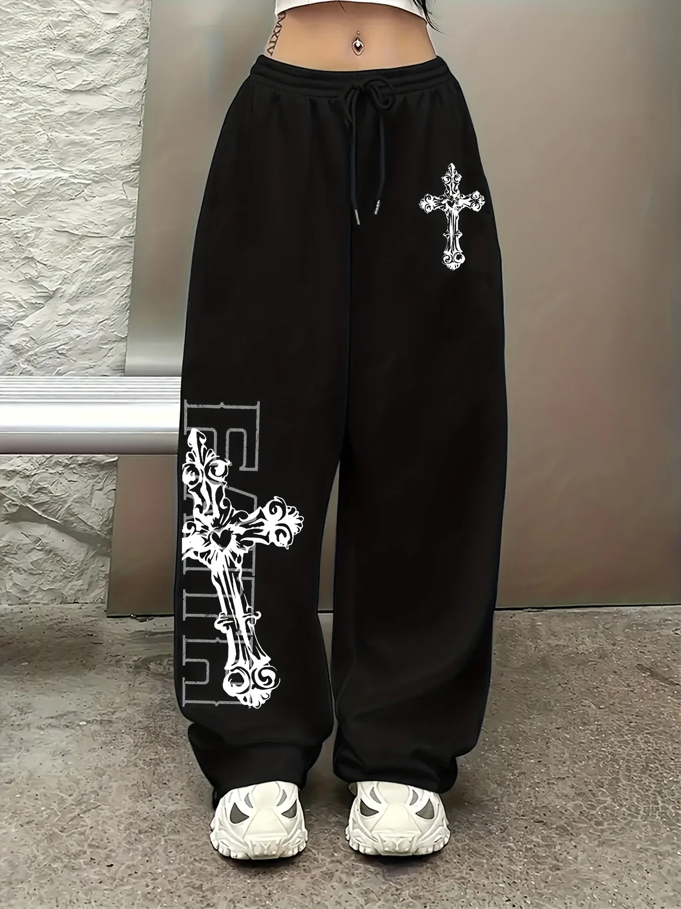 Damskie spodnie sportowe w stylu hip-hop streetwear, proste i szerokie, z nadrukiem, idealne na zimę, dla dorosłych.