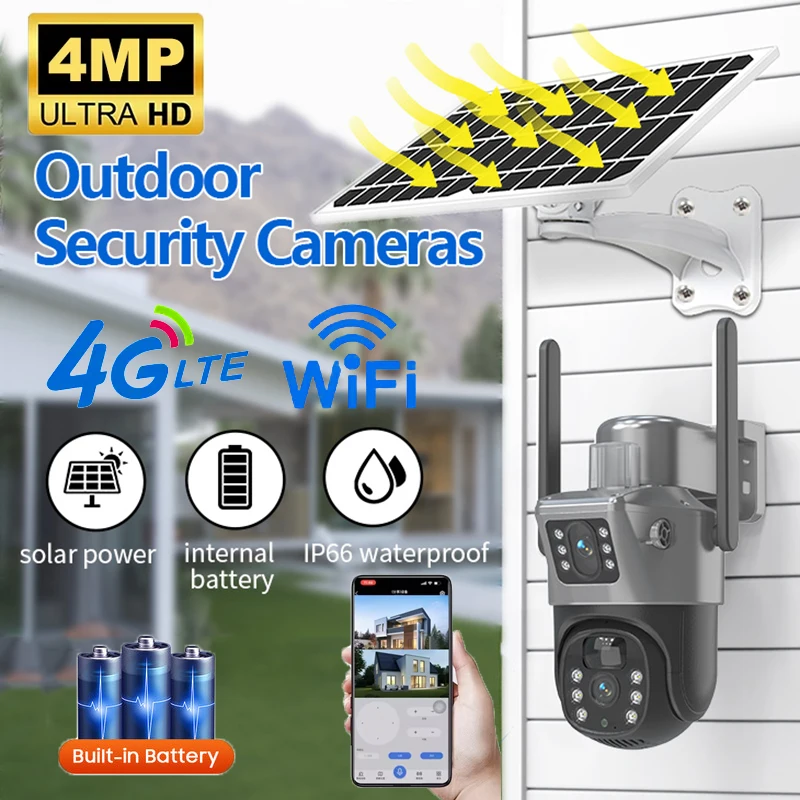 Kamera solarna 4MP 4G WIFI z podwójnym obiektywem i dwoma ekranami, zewnętrzna bezprzewodowa kamera IP PTZ z panelem solarnym, kamera do monitoringu bezpieczeństwa.