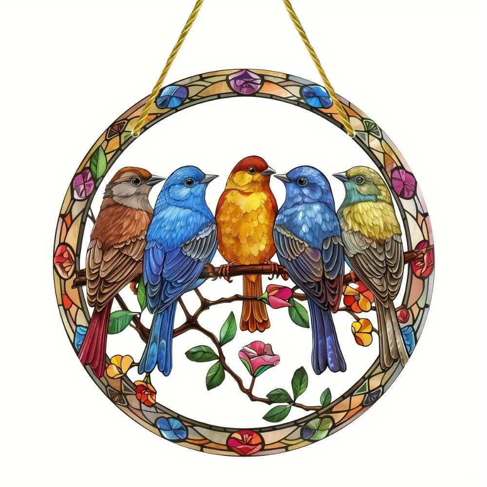 Five Birds Sun Catcher. Colorful circular window decor for porch, home & garden. A lovely gift.