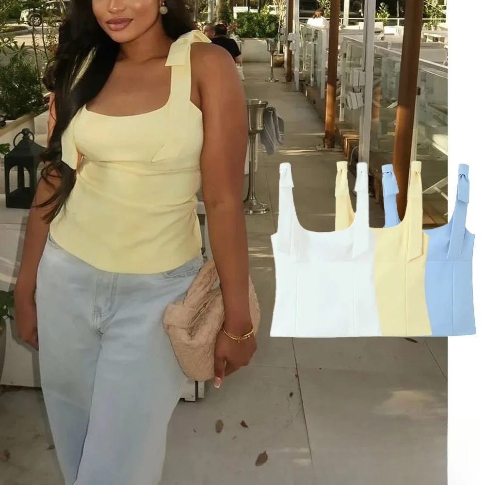KONDALA Sexy Chic jaune arc hauts femmes fermeture éclair cravate mince court Cami hauts femmes mode 2025 été élégant Y2K fille Blouses