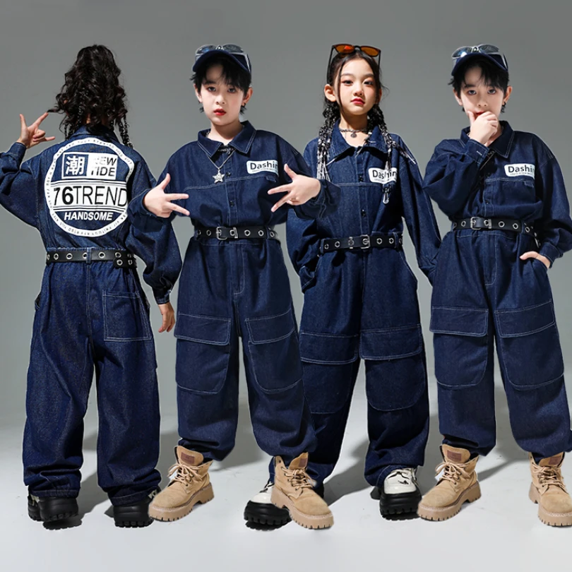 Kids Street Dance Denim Overalls Rompers Boys Hip Hop Bodysuit Girls Cargo Jeans Pants Jumpsuits Children Streetwear Dungarees