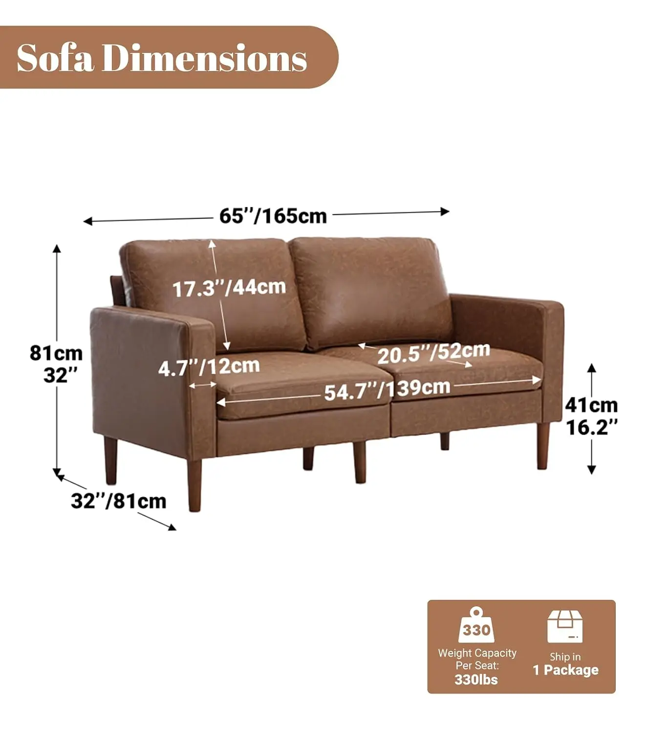 65” Faux Leather Loveseat Sofa, Mid Century Modern Couch with Solid Wood Frame for Living Room and Bedroom, Customized