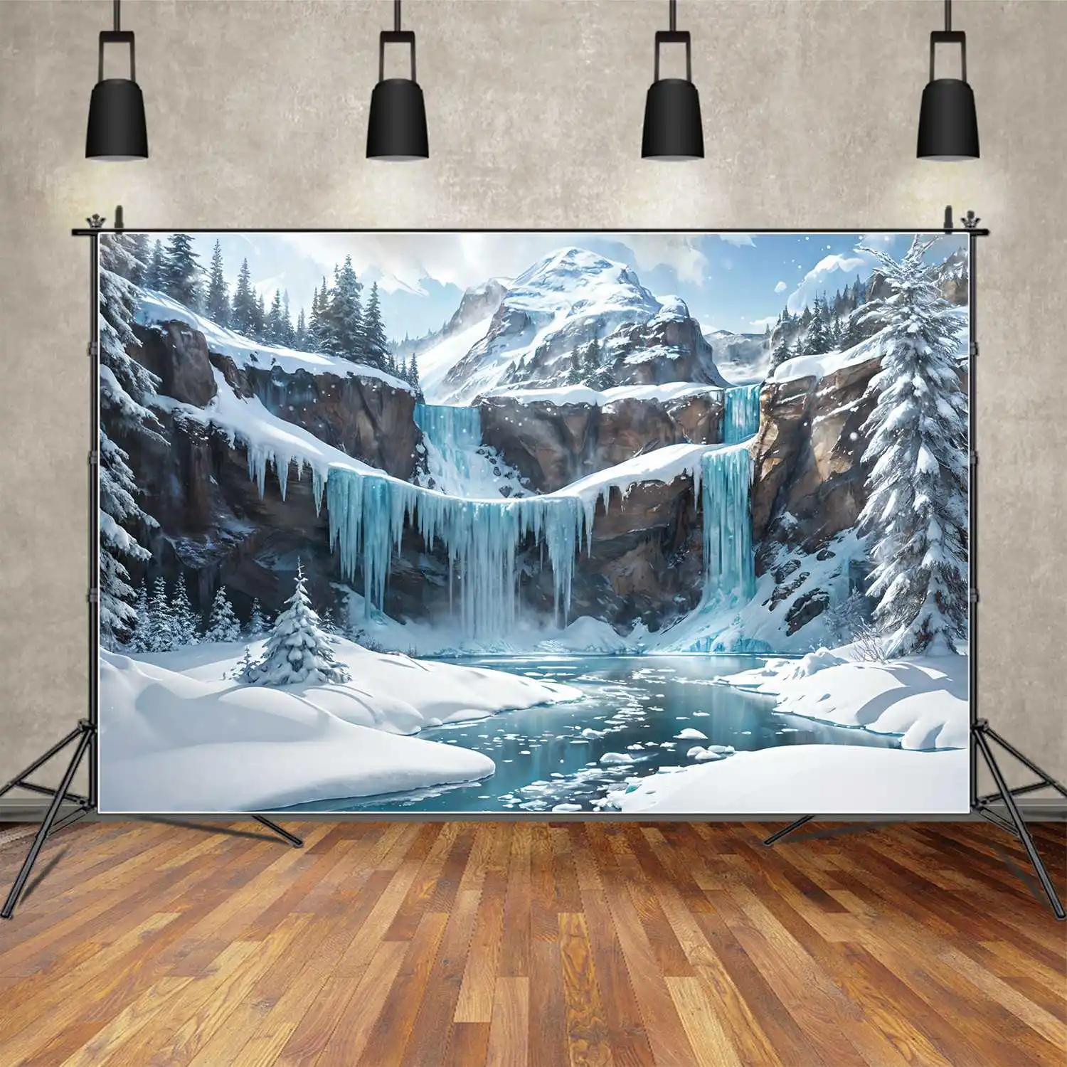 Zimowe tło fotografii zamarzniętego wodospadu Bluey Snow Mountains spersonalizowane tło zdjęcie dziecka stoiska fotograficznego