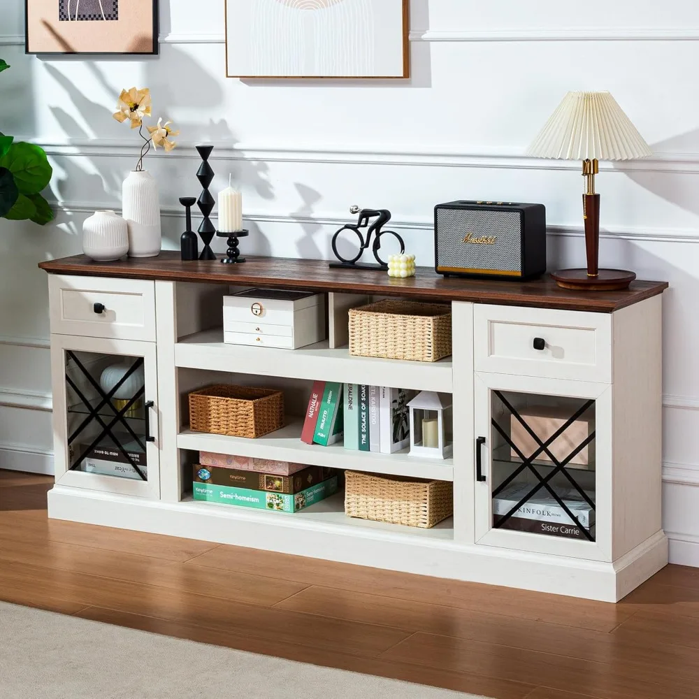 

70 inch Farmhouse TV Stand Table for 75 80 inch TV, Modern Entertainment Center with LED Lights and Glass Doors, Wooden White tv
