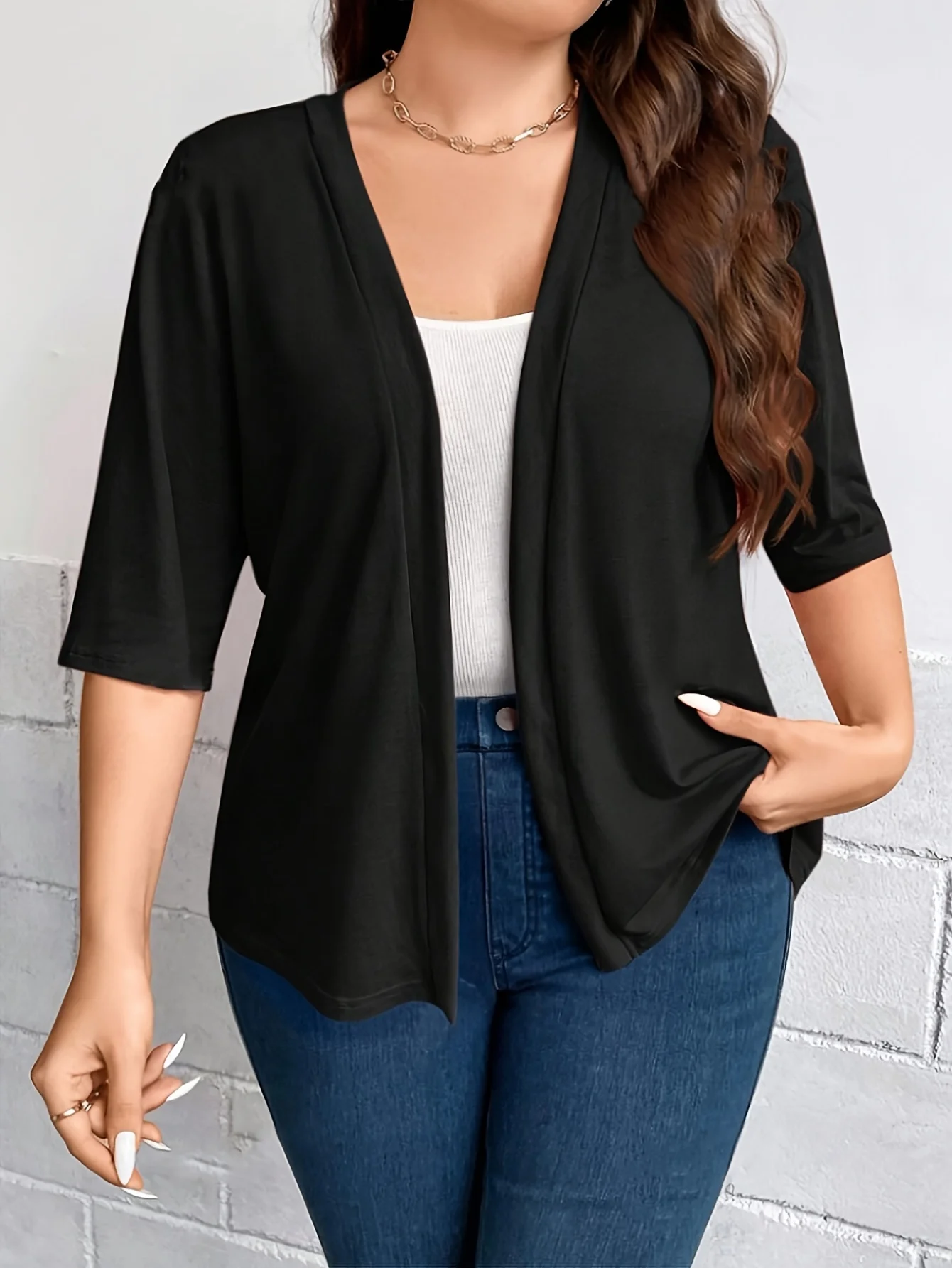 

Plus Size Black Open Front Cardigan, Women’s Short Sleeve Loose Layering Top, Casual Solid Color Cover Up for Daily & Office