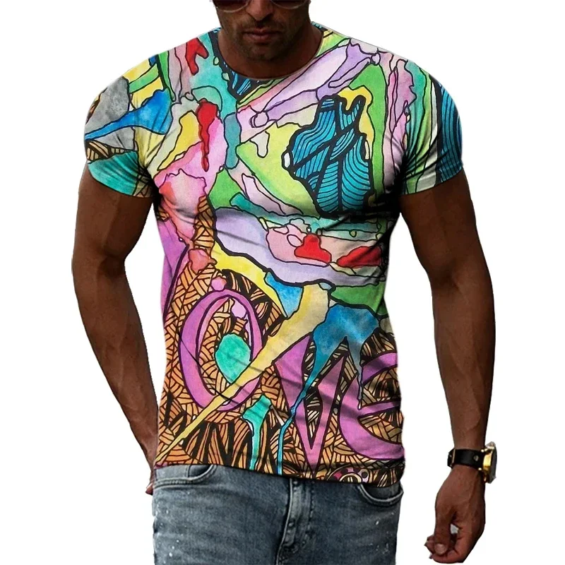Color Cool Abstract Art Graphic T-Shirt Hip Hop Street Style 3D Printed T Shirt Summer Men Personality Round Neck Short Sleeve