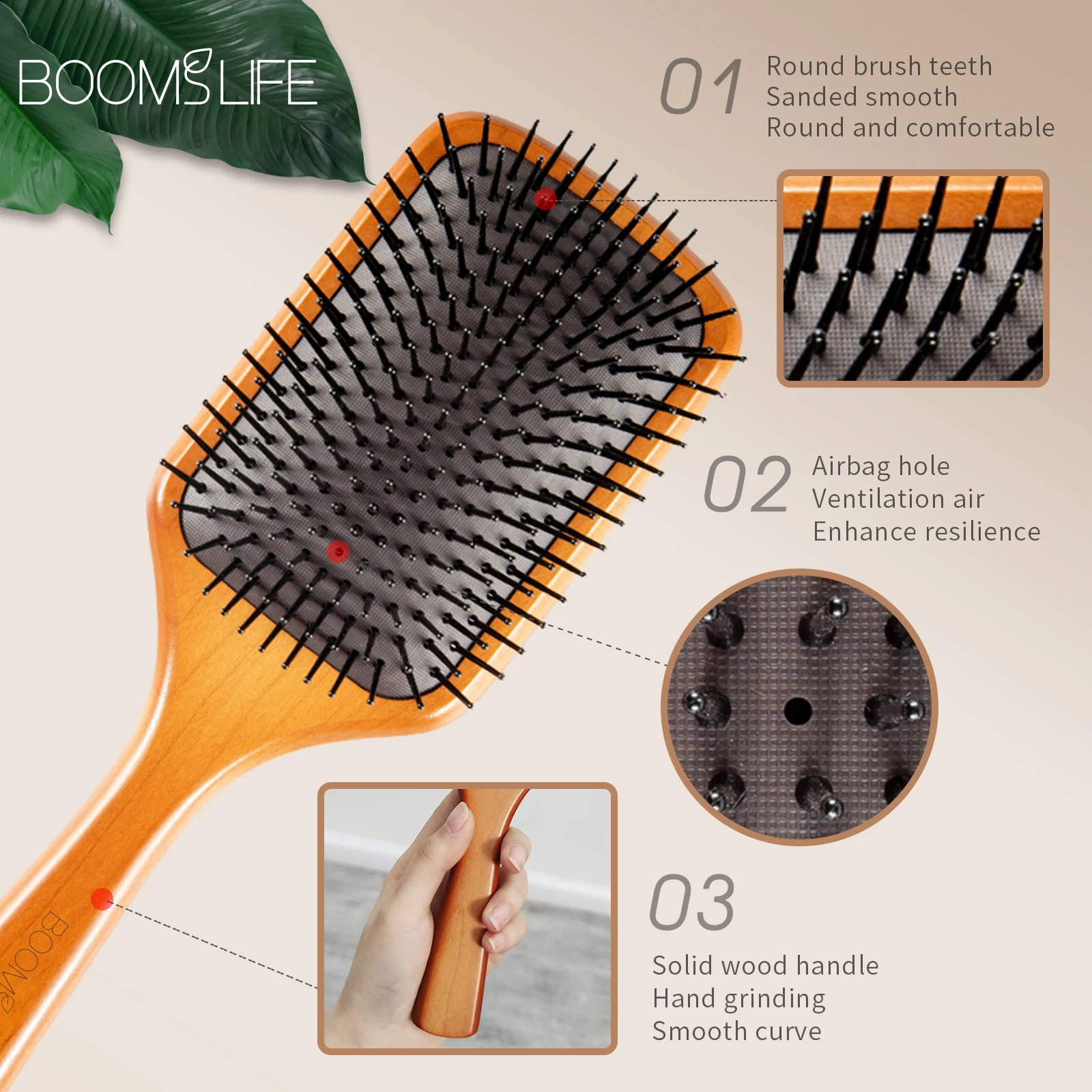 Kare kürek Detangling saç fırçası kadın kafa derisi masaj fırçası geniş diş saç tarağı büyük hava yastığı akçaağaç ahşap HairBrush