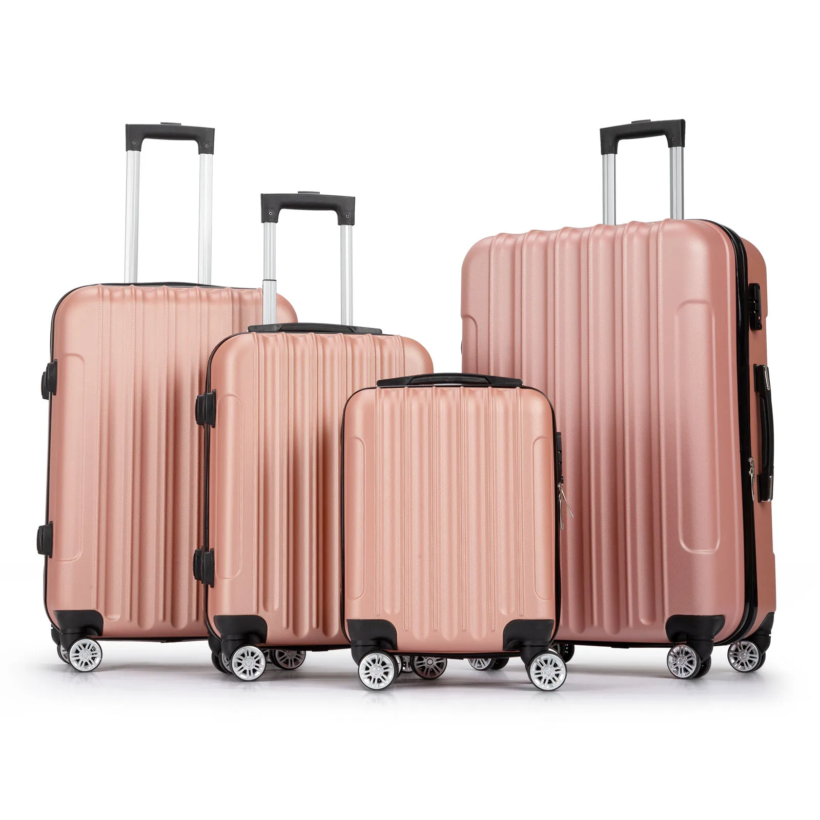 Vertical pattern four-in-one universal wheel with handle trolley case，ABS aluminum alloy trolley fashion color - rose gold