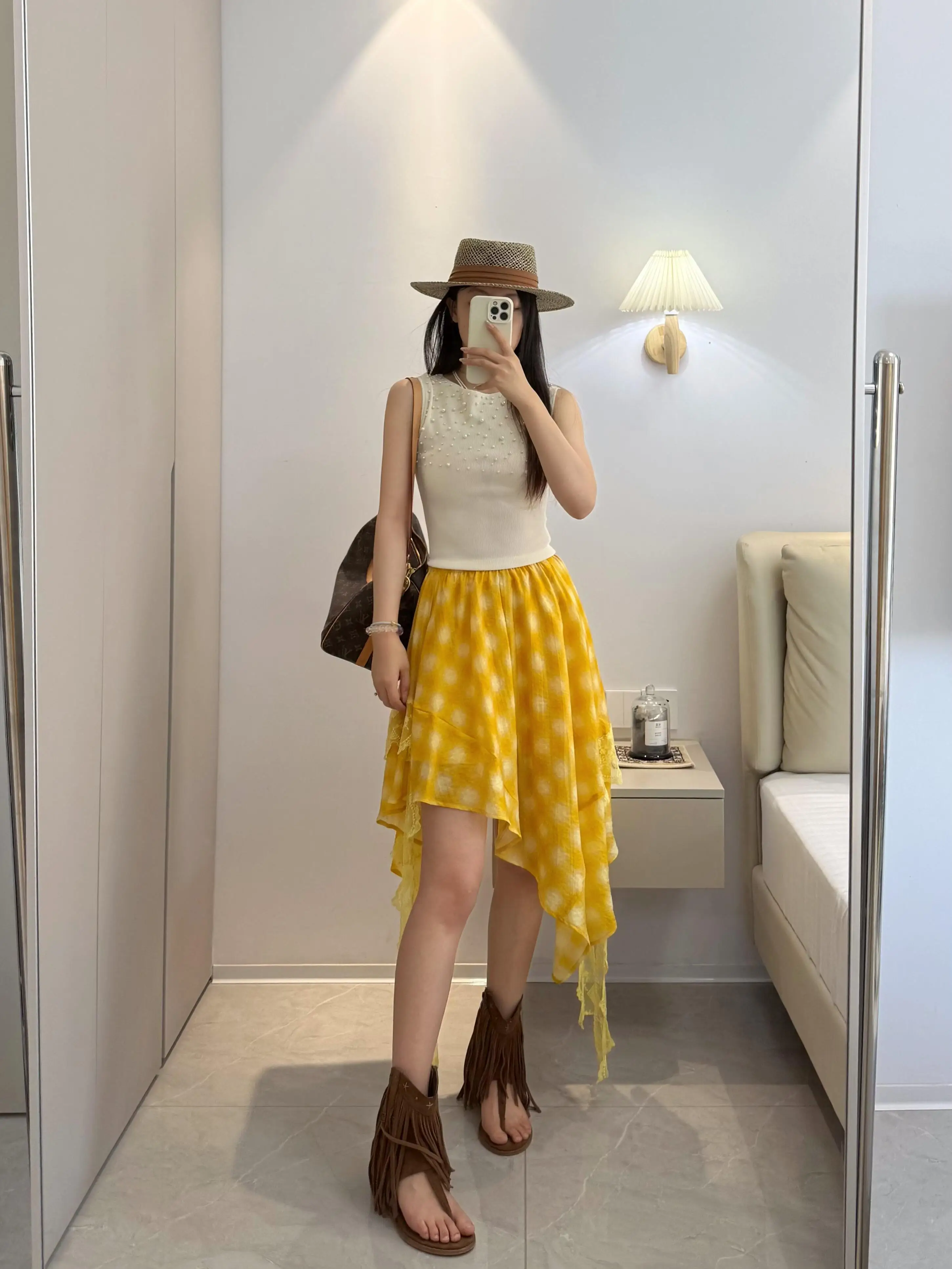 Elegant Yellow Lace Paneling Half Skirt Women's Summer New Style Versatile Mid-Length Asymmetrical Commuting Skirt
