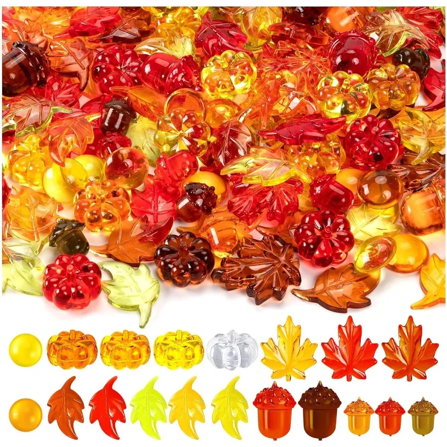 

120Pcs Acrylic Fall Vase Filler Thanksgiving Mini Acrylic Pumpkins Leaves Acorns Gems for Decor Home Table Centerpieces