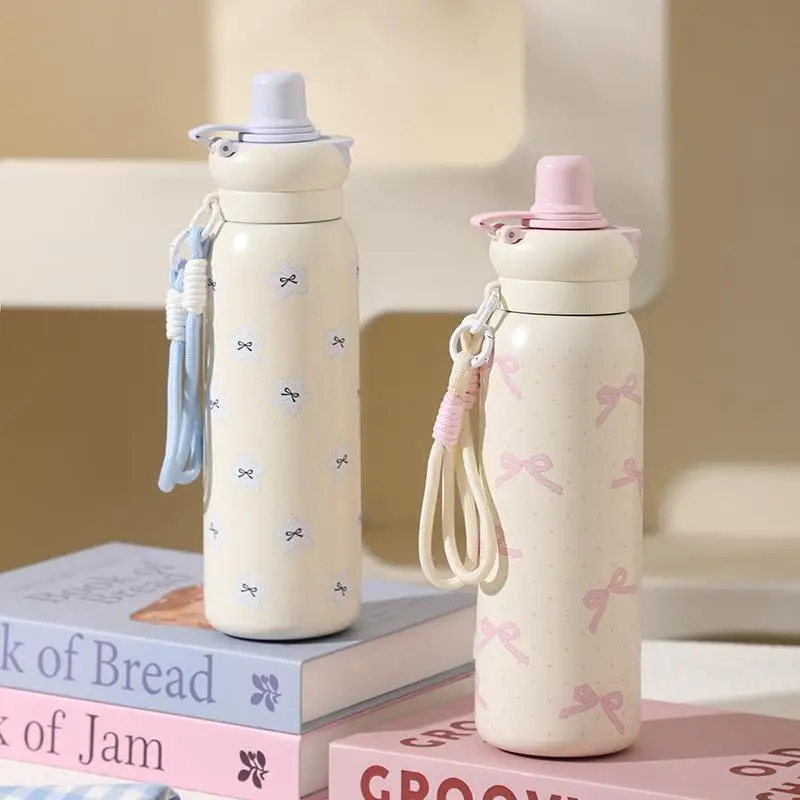Cute Cartoon Fashion Straw Cup Large Capacity Student Dual Water Bottle, Stainless Steel Insulated Flask, Bow Bear Pattern