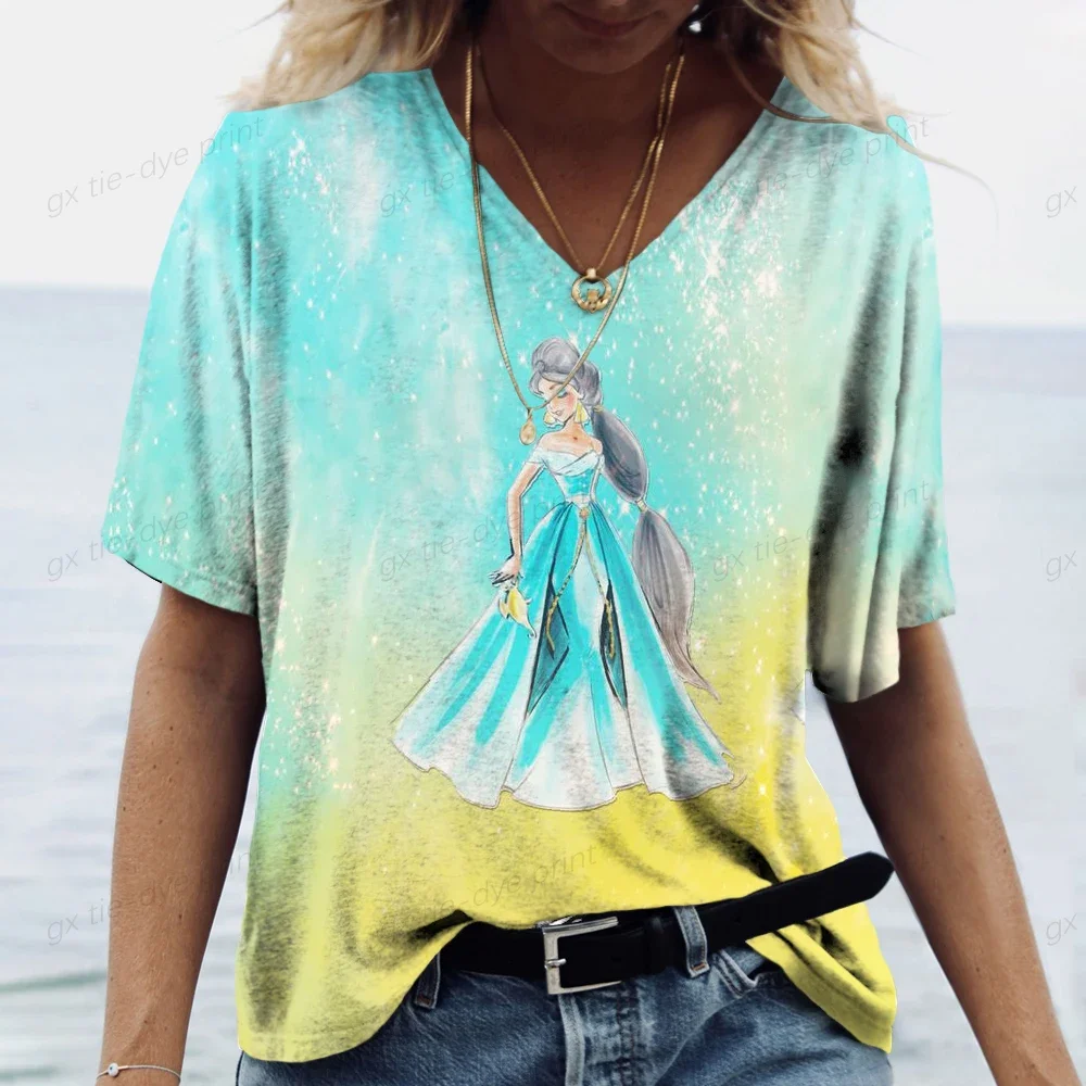 Street Fashion Clothing Disney Princess Women\'s V-neck T-shirt Summer Women\'s Top Harajuku Cartoon Pattern Girl T-shirt Cute